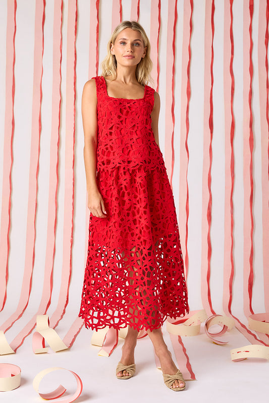 Pomegranate Lace boxy lace tank top with matching skirt on model — CROSBY by Mollie Burch
