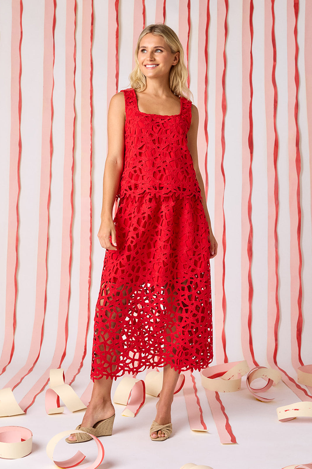 Pomegranate Lace A-line skirt with matching tank top on model — CROSBY by Mollie Burch