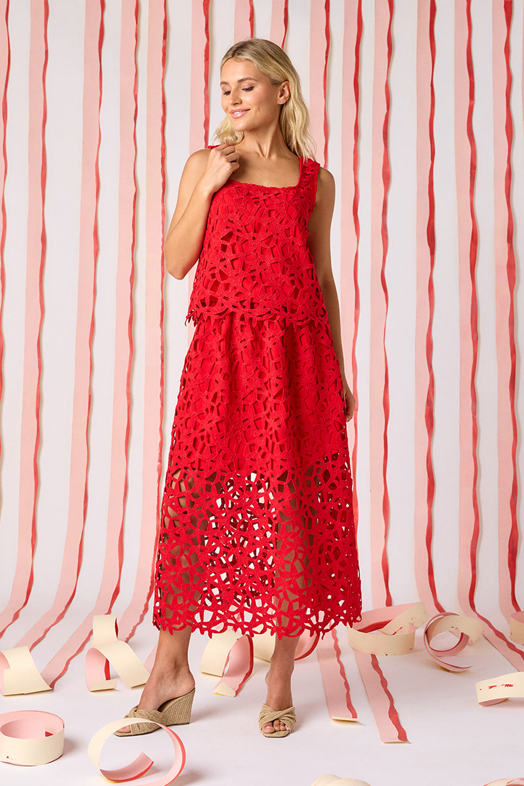 Pomegranate Lace A-line skirt with matching tank top on model — CROSBY by Mollie Burch