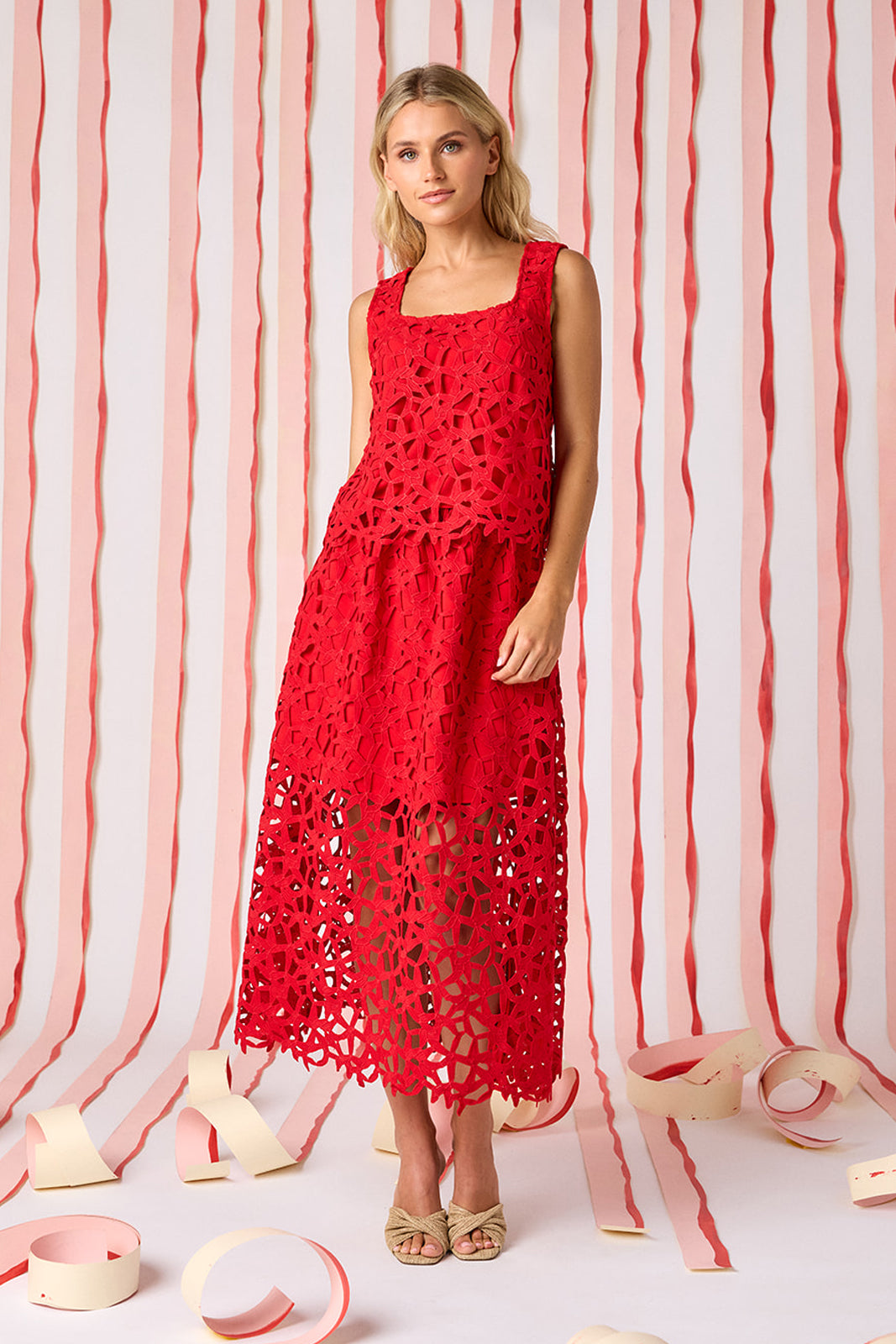 Pomegranate Lace boxy lace tank top with matching skirt on model — CROSBY by Mollie Burch