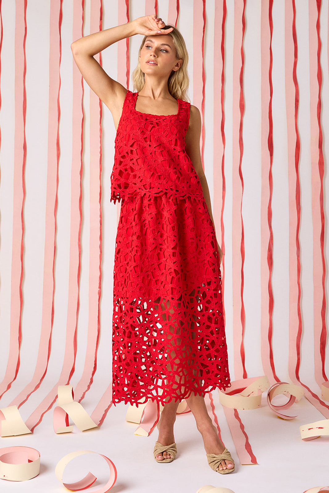 Pomegranate Lace A-line skirt with matching tank top on model — CROSBY by Mollie Burch