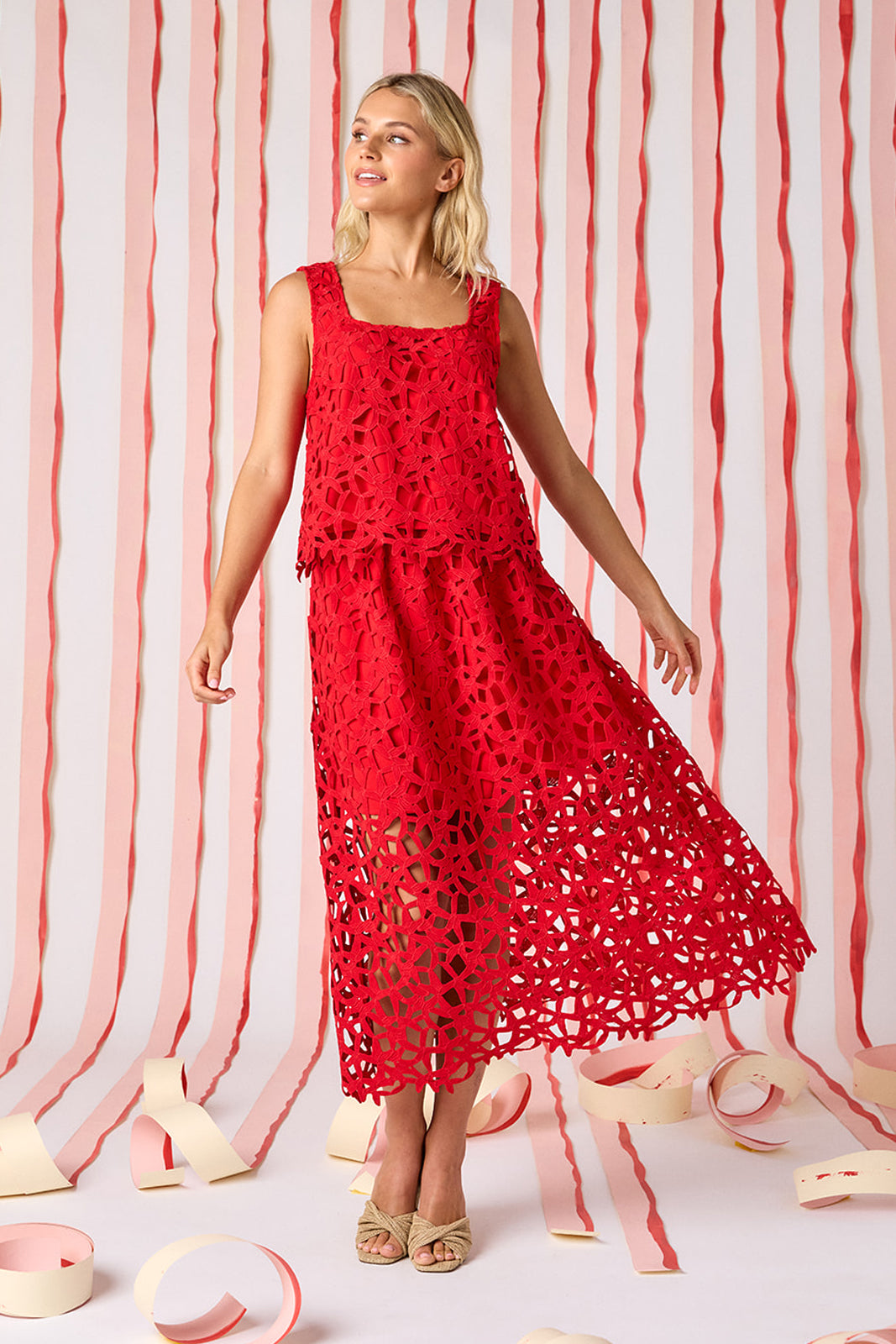 Pomegranate Lace A-line skirt with matching tank top on model — CROSBY by Mollie Burch