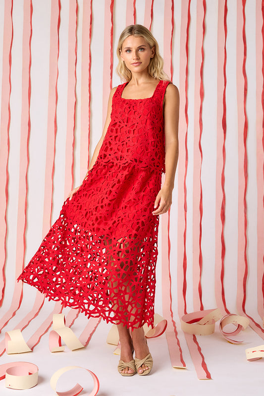 Pomegranate Lace A-line skirt with matching tank top on model — CROSBY by Mollie Burch