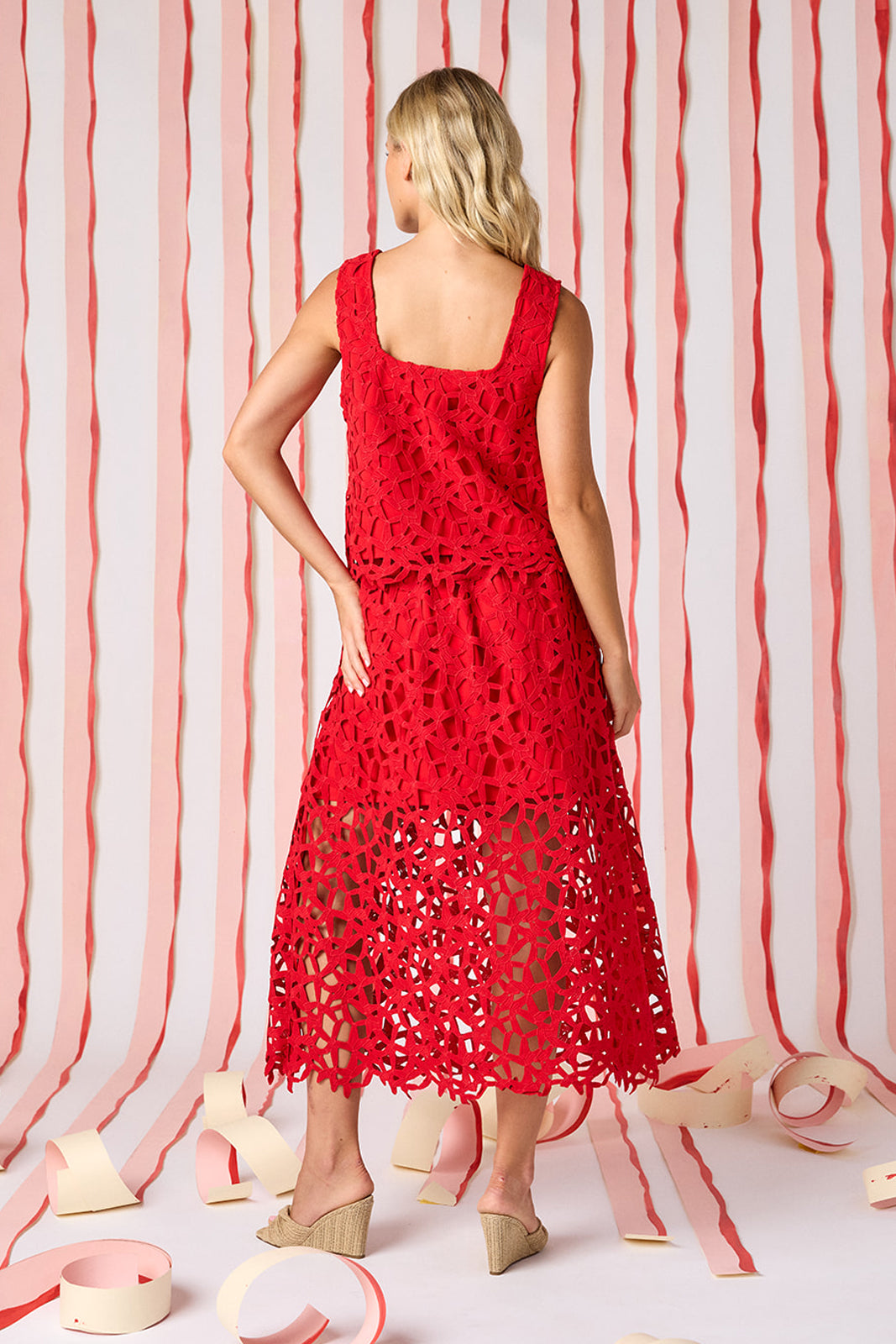 Pomegranate Lace A-line skirt with matching tank top on model — CROSBY by Mollie Burch