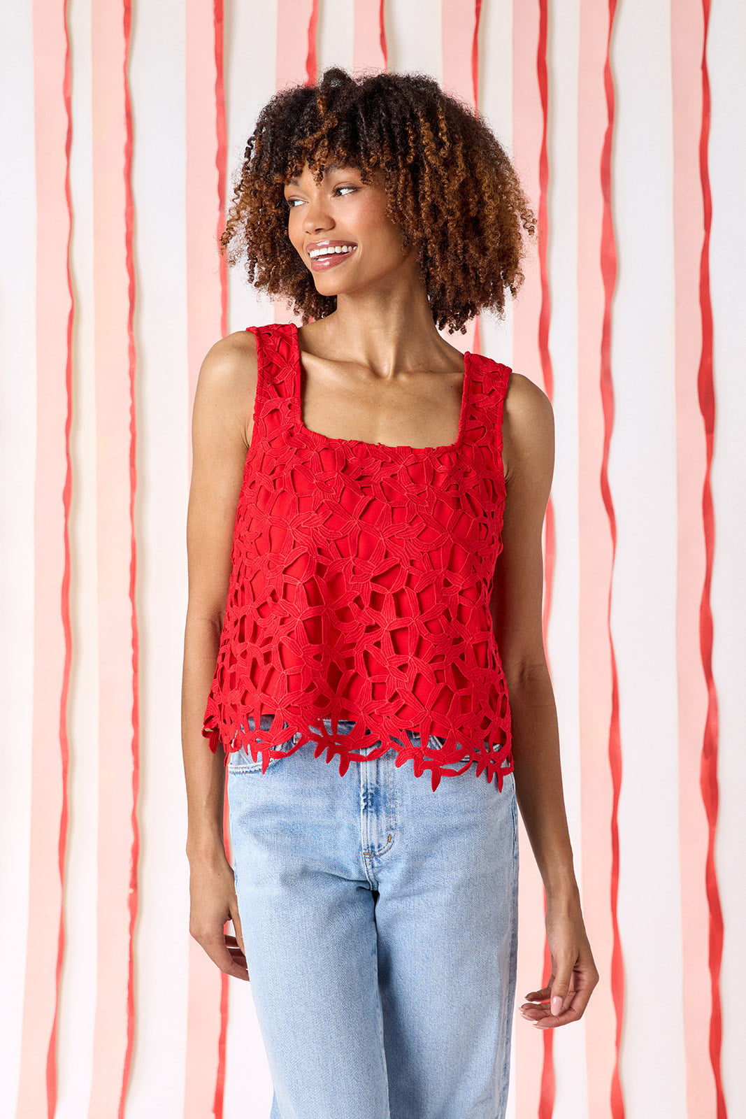 Pomegranate Lace boxy lace tank top on model — CROSBY by Mollie Burch