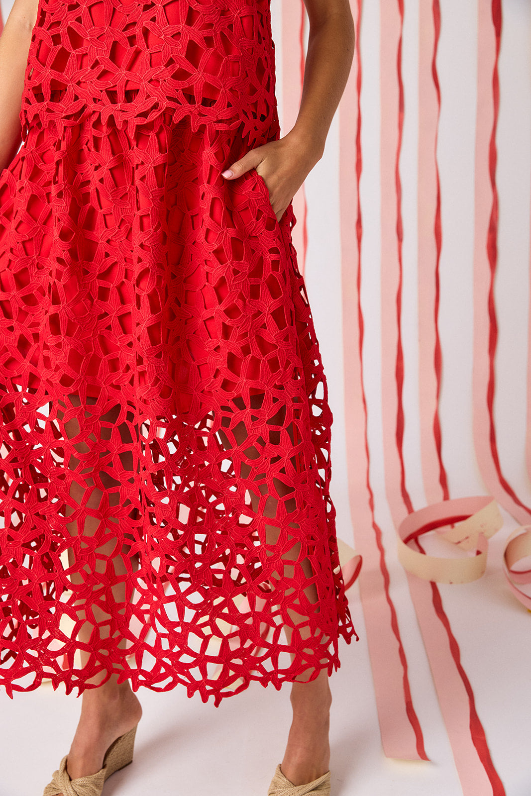 Pomegranate Lace A-line skirt with matching tank top on model — CROSBY by Mollie Burch
