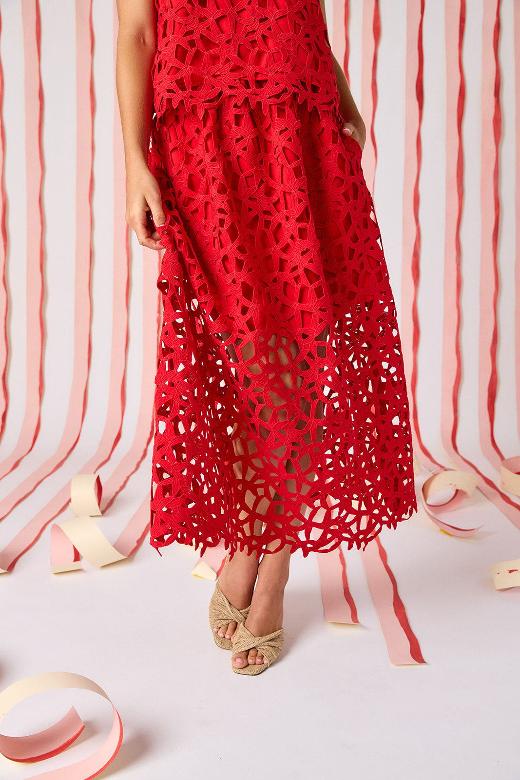 Pomegranate Lace A-line skirt with matching tank top on model — CROSBY by Mollie Burch
