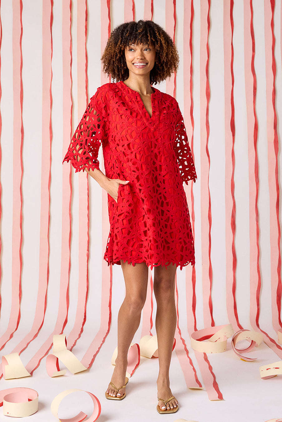 Pomegranate Lace bell sleeve dress with on model — CROSBY by Mollie Burch