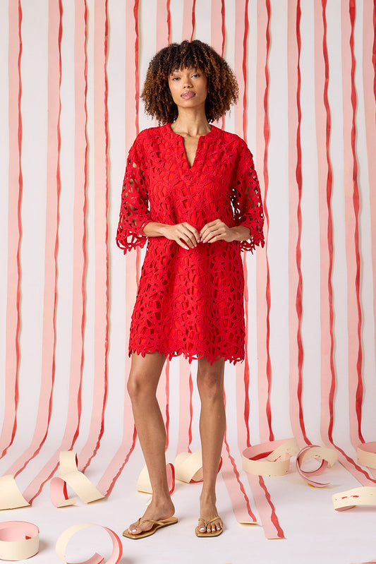 Pomegranate Lace bell sleeve dress with on model — CROSBY by Mollie Burch
