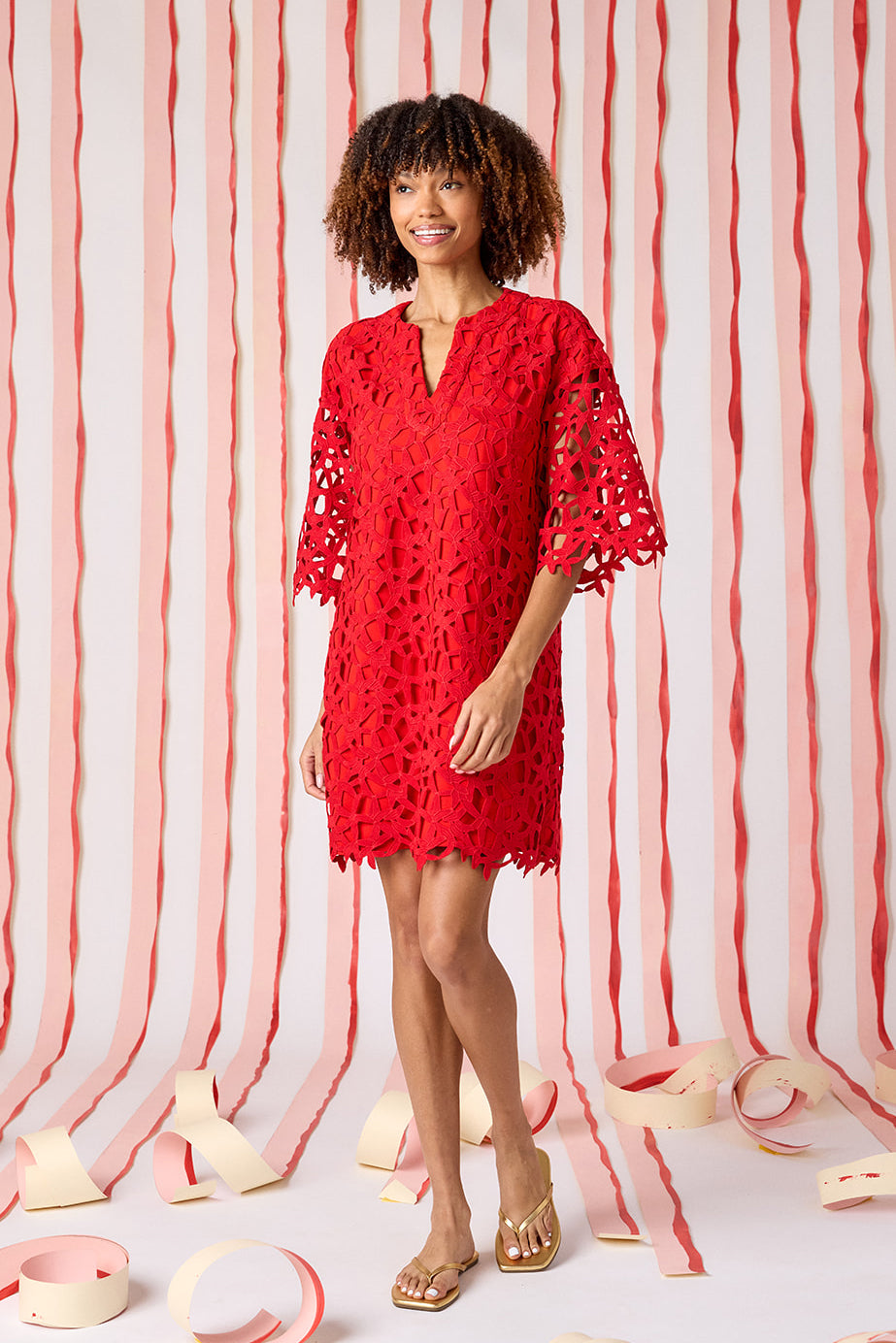 Pomegranate Lace bell sleeve dress with on model — CROSBY by Mollie Burch