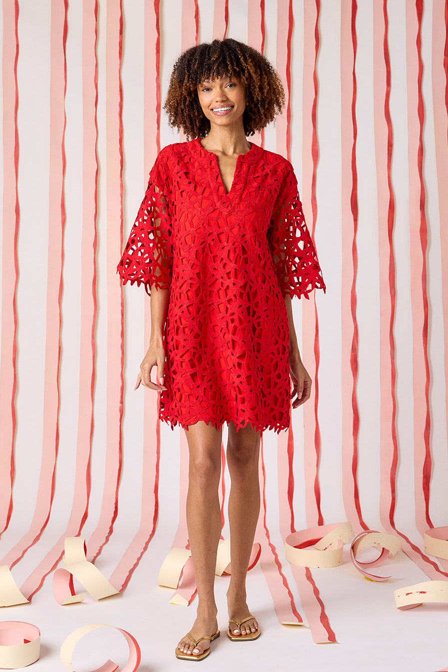 Pomegranate Lace bell sleeve dress with on model — CROSBY by Mollie Burch