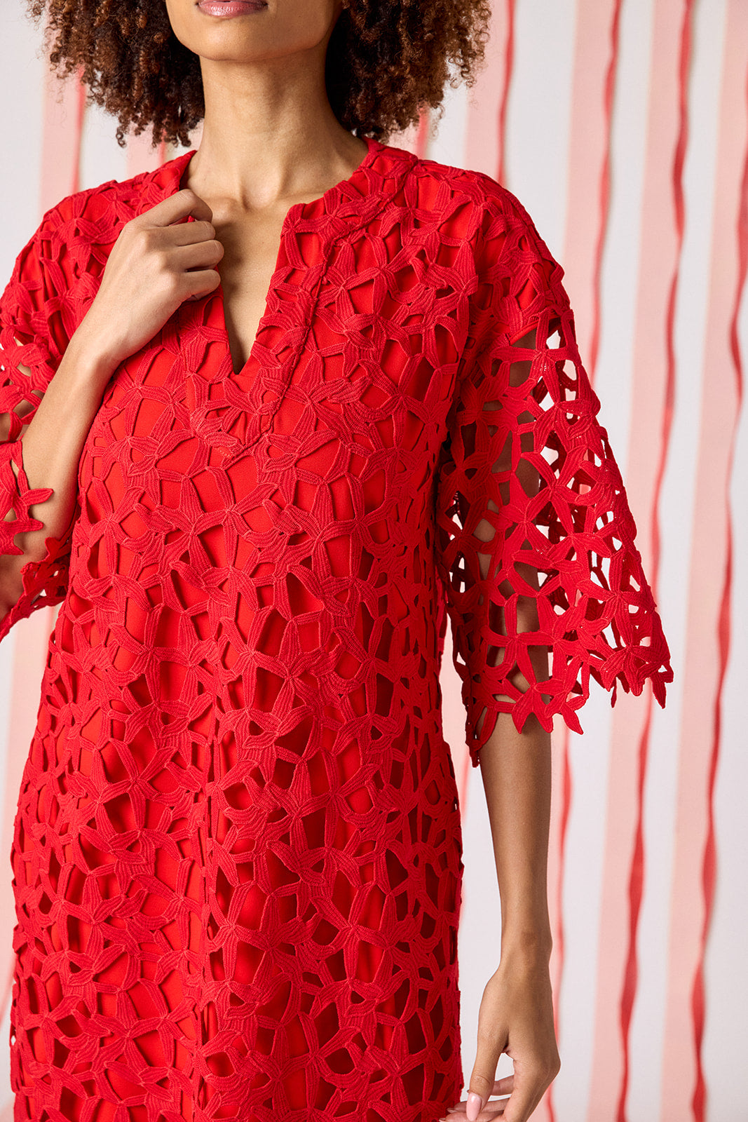 Pomegranate Lace bell sleeve dress with on model — CROSBY by Mollie Burch