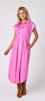 Poppy Pink collared button down dress with waist emphasis on model — CROSBY by Mollie Burch