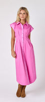 Poppy Pink collared button down dress with waist emphasis on model — CROSBY by Mollie Burch