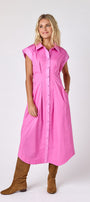 Poppy Pink collared button down dress with waist emphasis on model — CROSBY by Mollie Burch