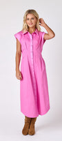 Poppy Pink collared button down dress with waist emphasis on model — CROSBY by Mollie Burch