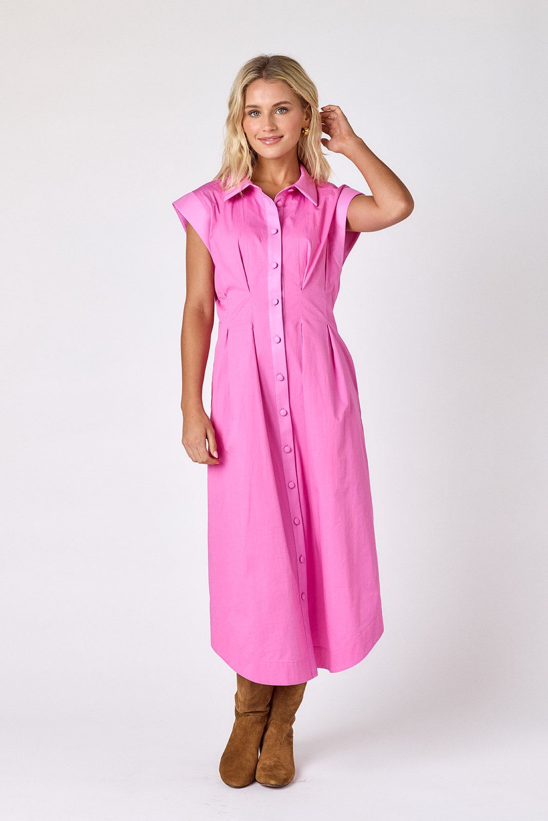 Poppy Pink collared button down dress with waist emphasis on model — CROSBY by Mollie Burch