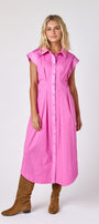 Poppy Pink collared button down dress with waist emphasis on model — CROSBY by Mollie Burch