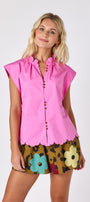 Happy Leopard shorts with Poppy Pink raglan top with scallop detail on model — CROSBY by Mollie Burch