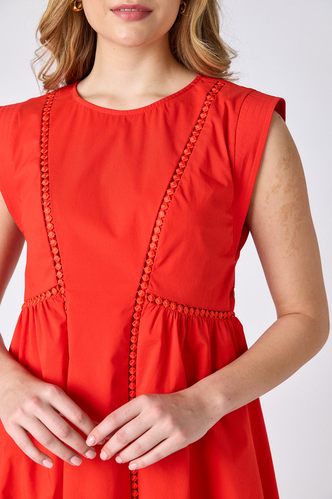 Poppy mini dress with fagoting detail on model — CROSBY by Mollie Burch