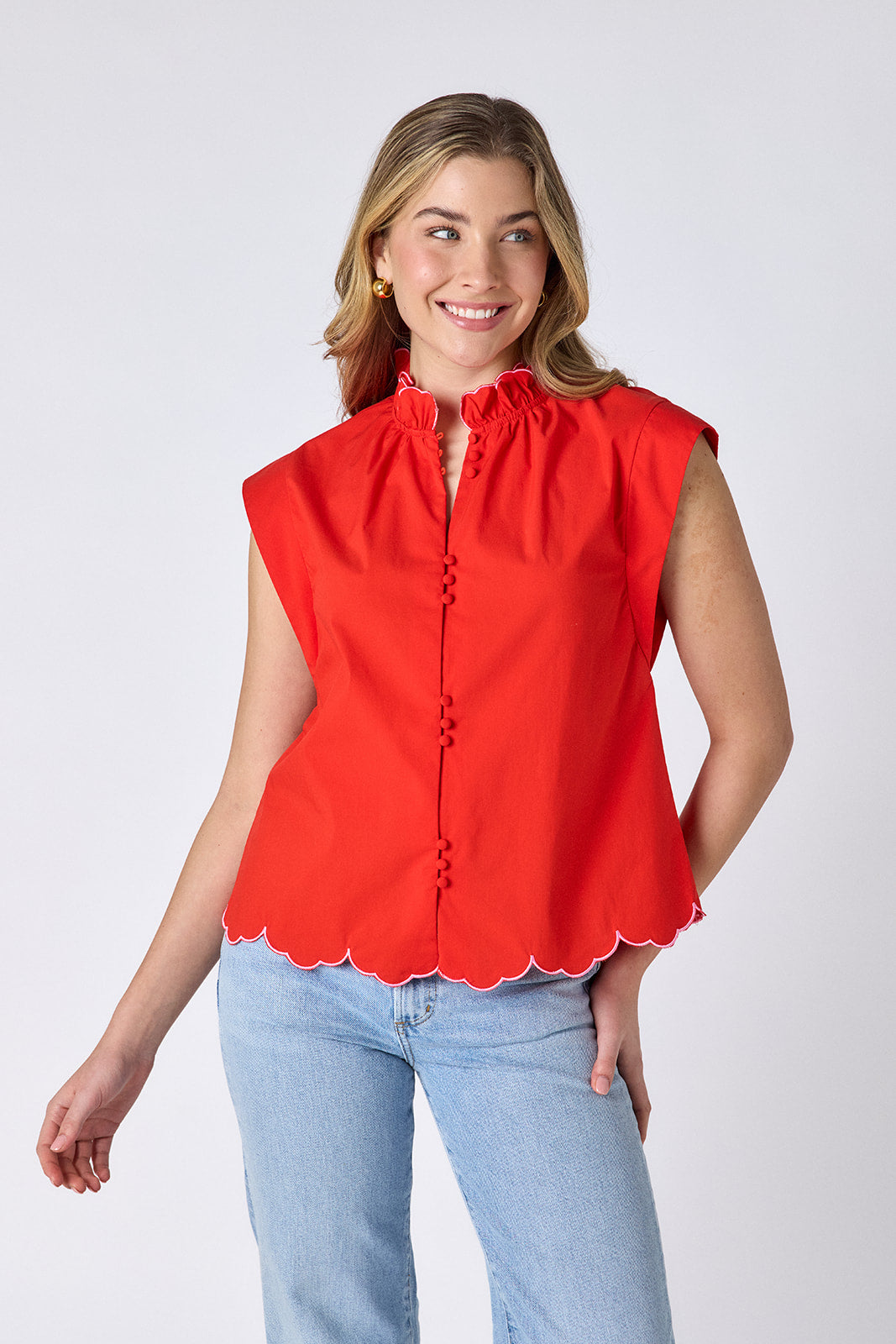 Poppy cotton top with scallop detail on model — CROSBY by Mollie Burch