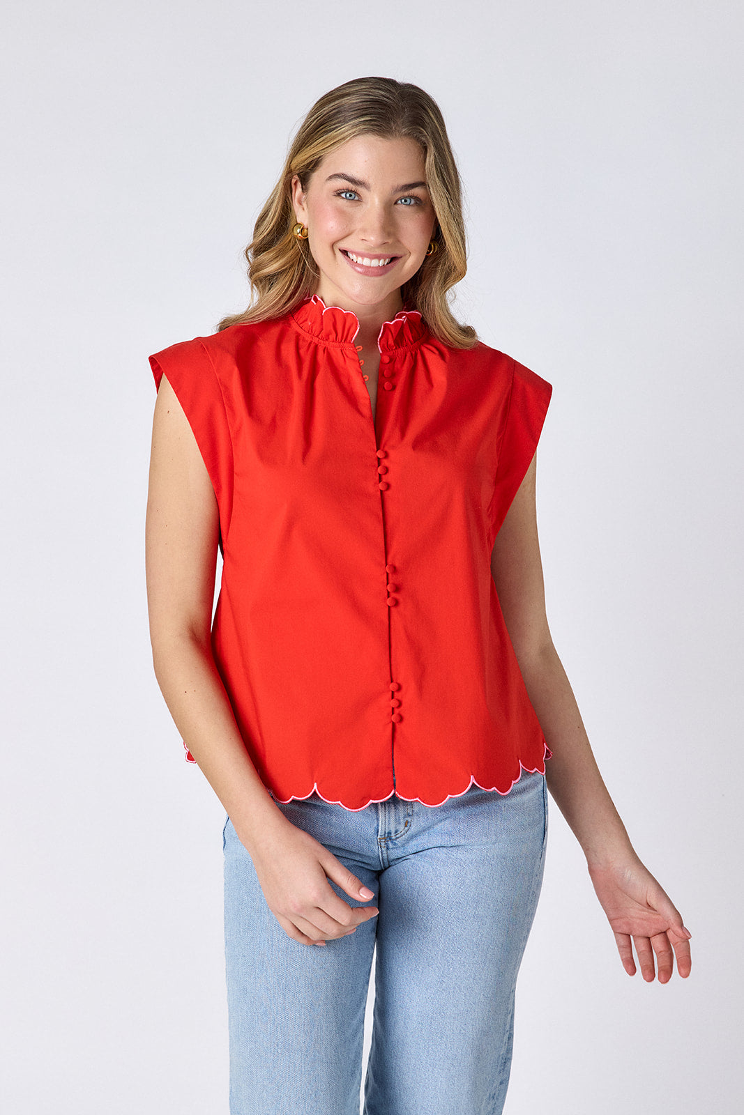 Poppy cotton top with scallop detail on model — CROSBY by Mollie Burch