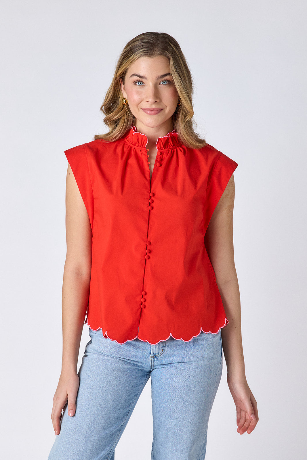 Poppy cotton top with scallop detail on model — CROSBY by Mollie Burch