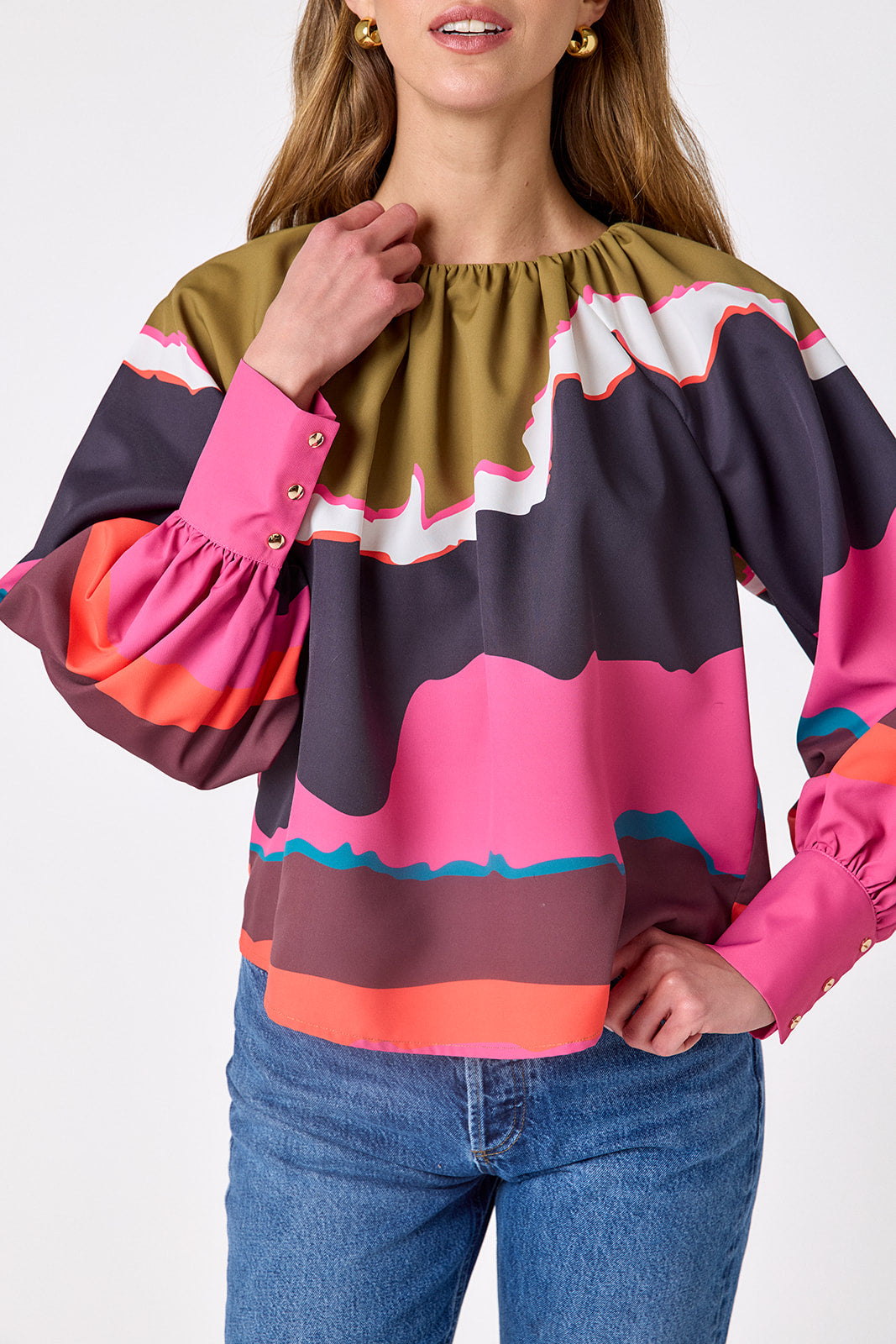 Portoro voluminous long-sleeve blouse on model – CROSBY by Mollie Burch