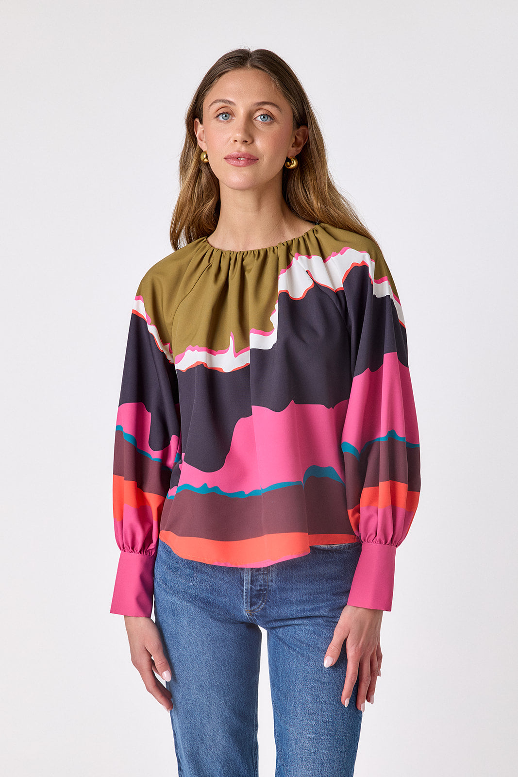 Portoro voluminous long-sleeve blouse on model – CROSBY by Mollie Burch