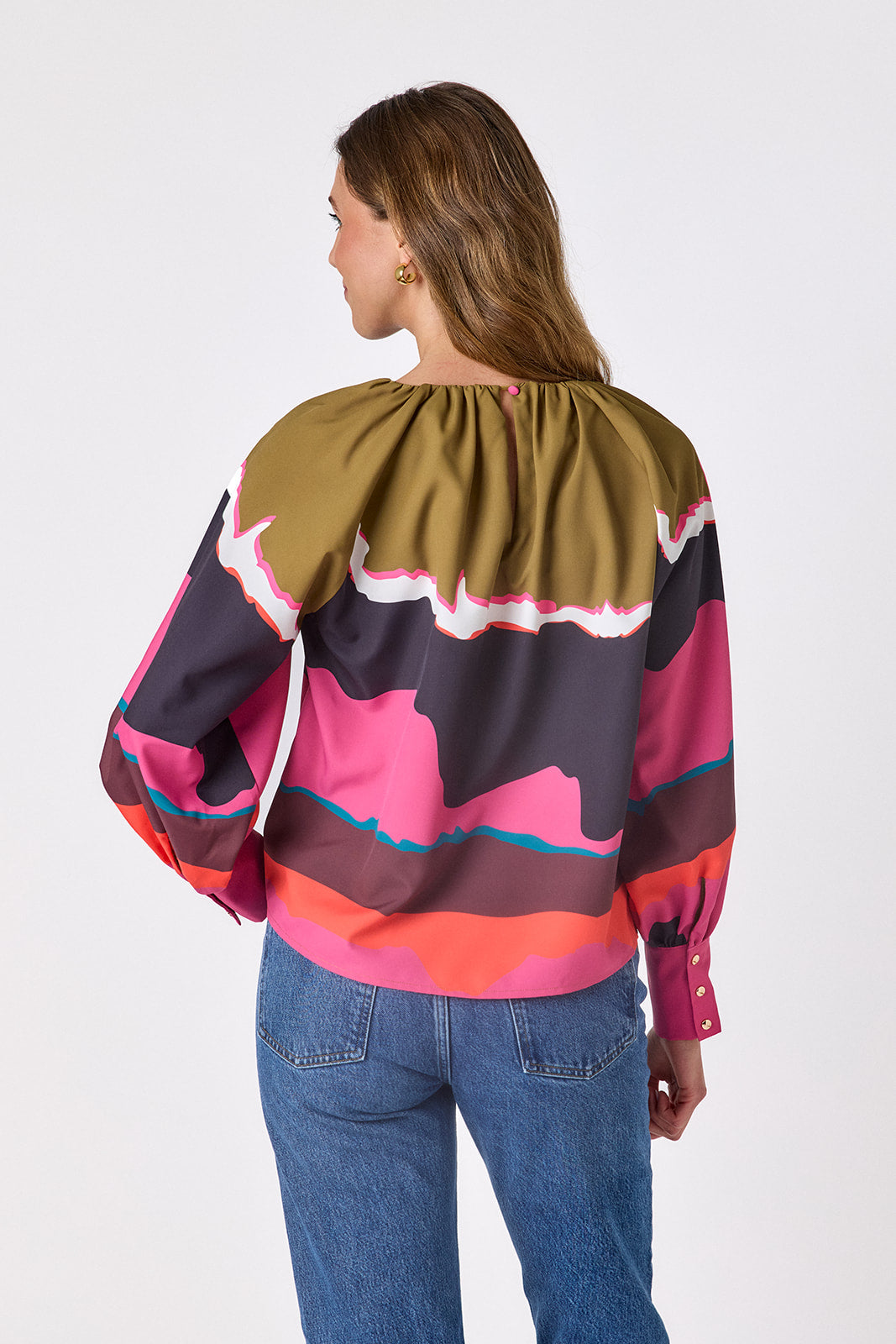 Portoro voluminous long-sleeve blouse on model – CROSBY by Mollie Burch