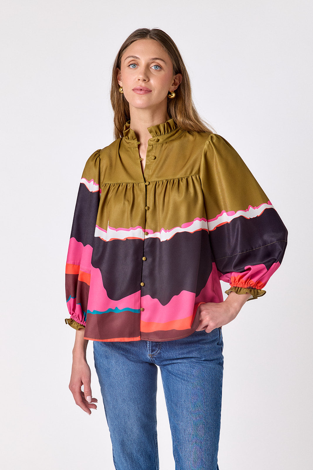 Portoro flowy ¾ sleeve blouse on model – CROSBY by Mollie Burch