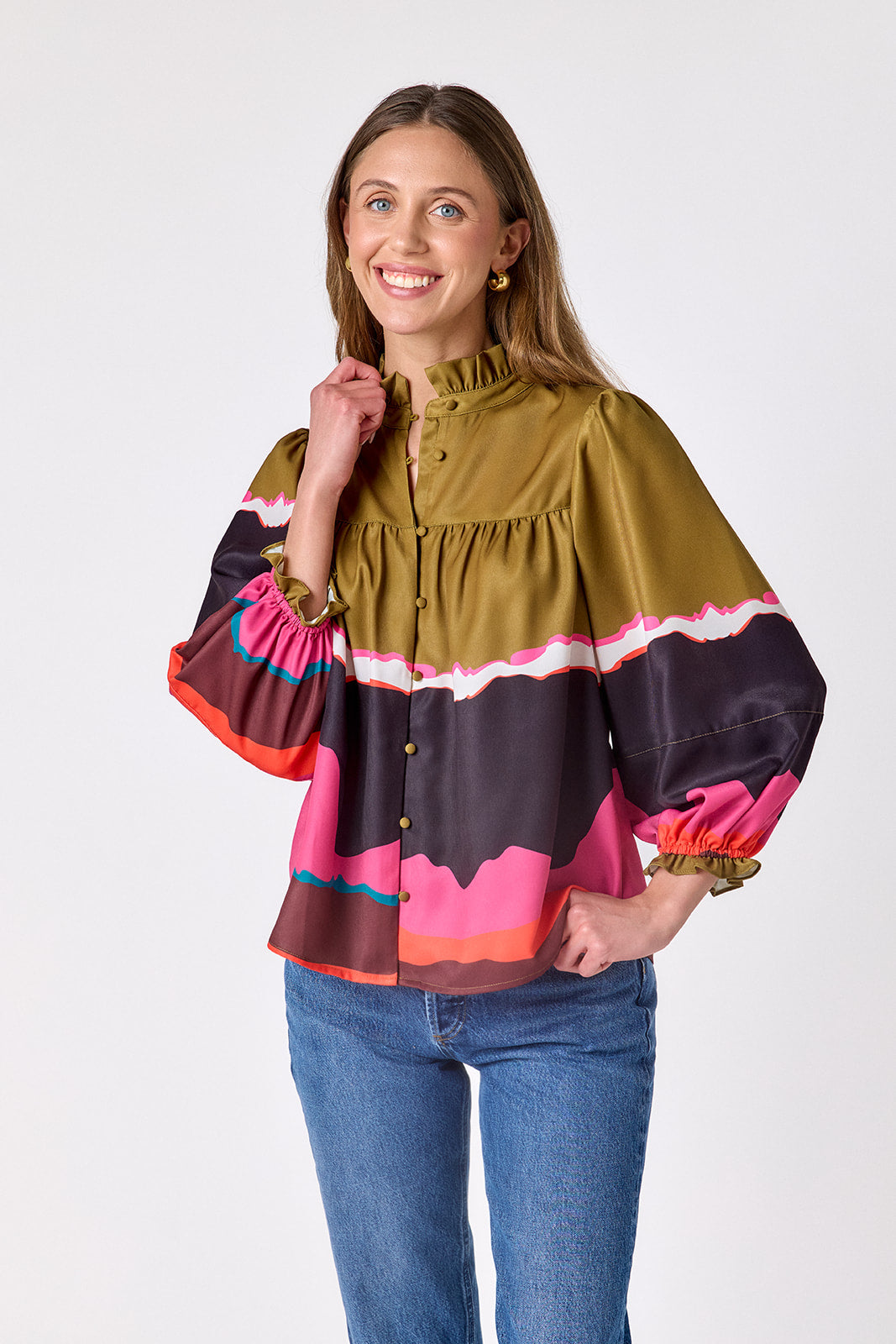 Portoro flowy ¾ sleeve blouse on model – CROSBY by Mollie Burch