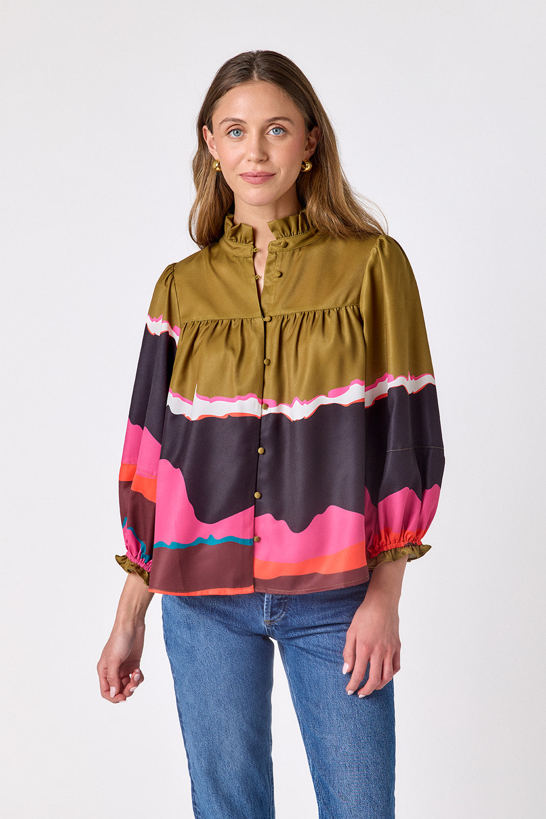 Portoro flowy ¾ sleeve blouse on model – CROSBY by Mollie Burch