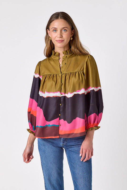 Portoro flowy ¾ sleeve blouse on model – CROSBY by Mollie Burch