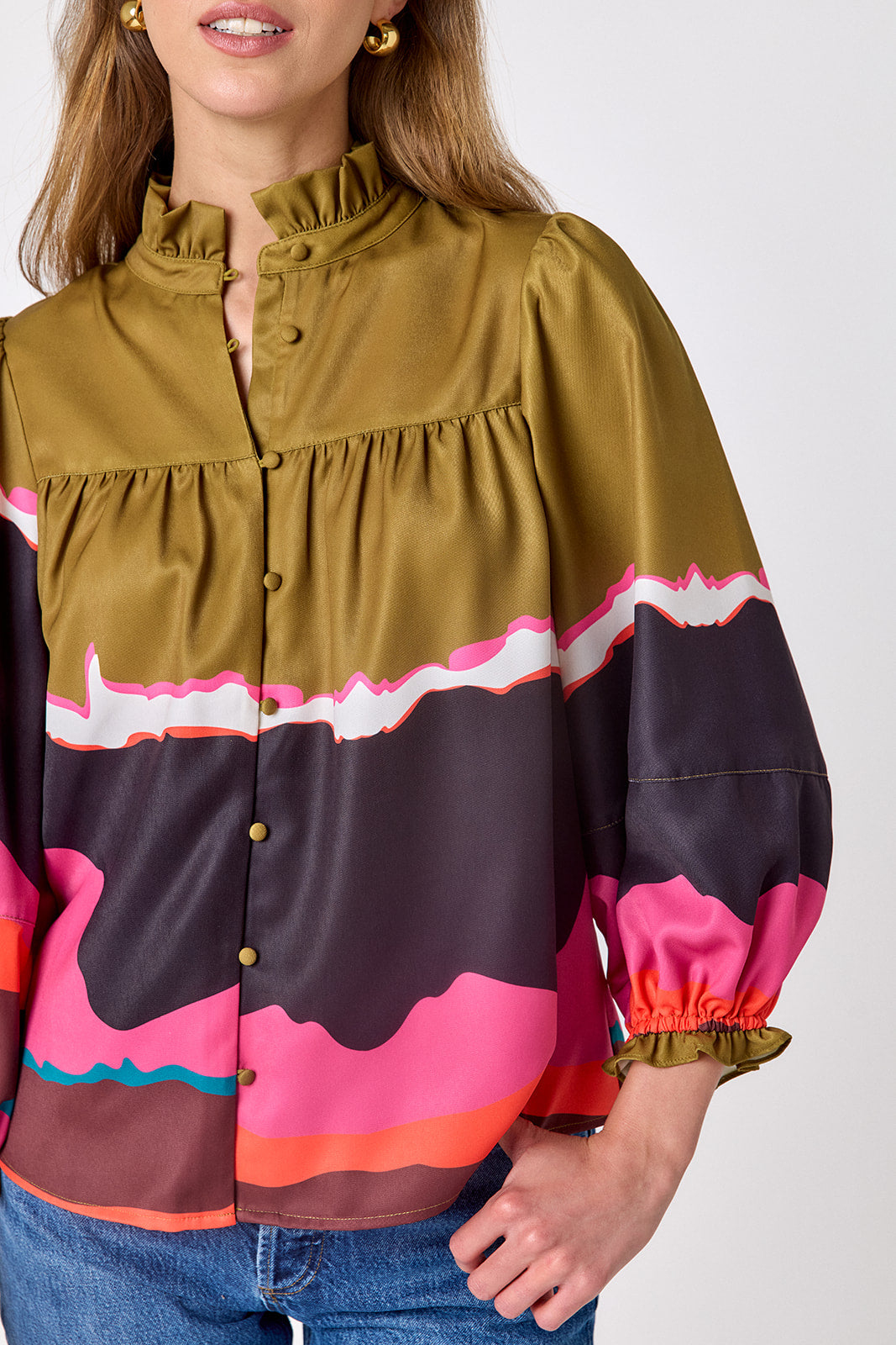 Portoro flowy ¾ sleeve blouse on model – CROSBY by Mollie Burch