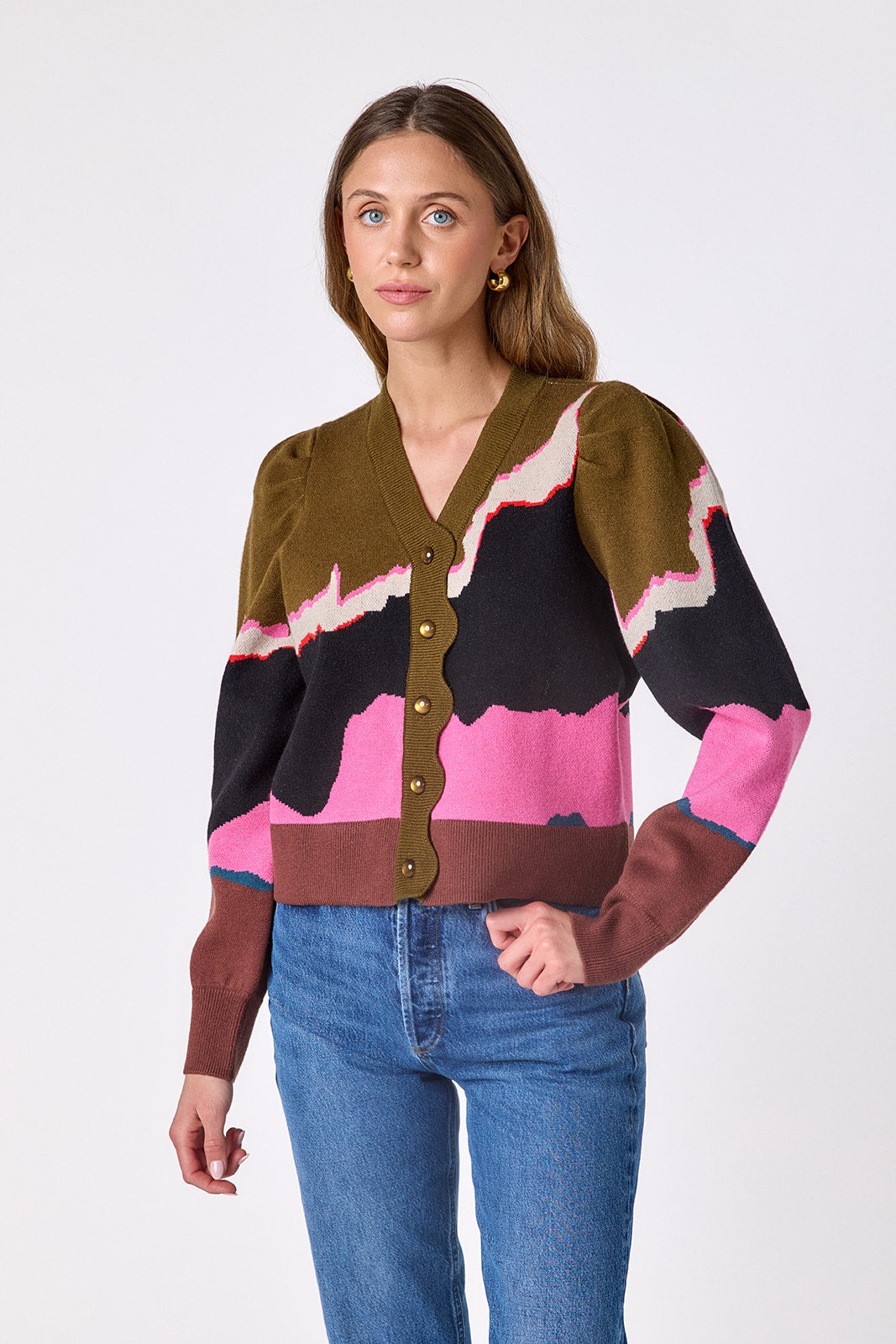 Portoro v-neck cardigan with scallop detail on model – CROSBY by Mollie Burch