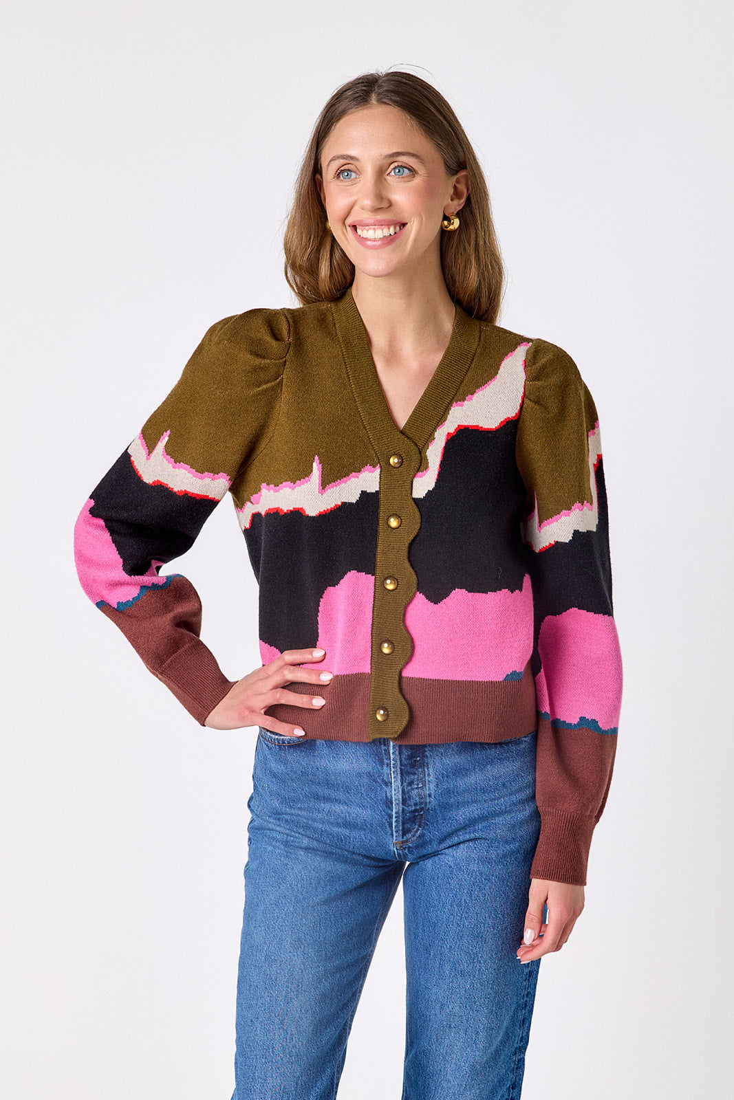 Portoro v-neck cardigan with scallop detail on model – CROSBY by Mollie Burch