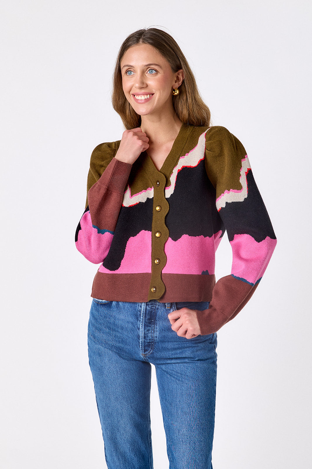 Portoro v-neck cardigan with scallop detail on model – CROSBY by Mollie Burch