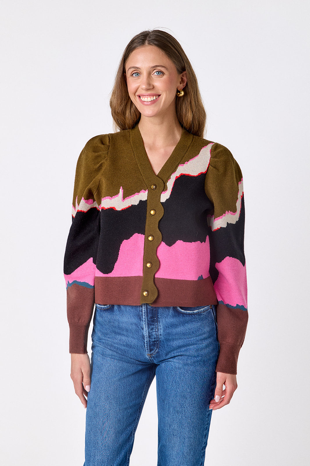 Portoro v-neck cardigan with scallop detail on model – CROSBY by Mollie Burch