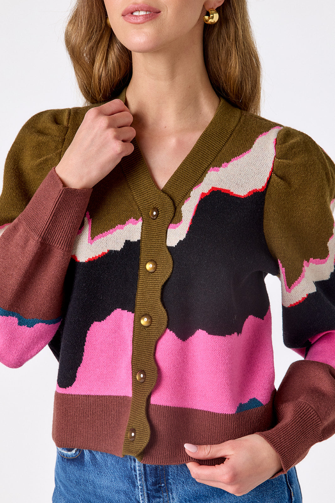 Portoro v-neck cardigan with scallop detail on model – CROSBY by Mollie Burch