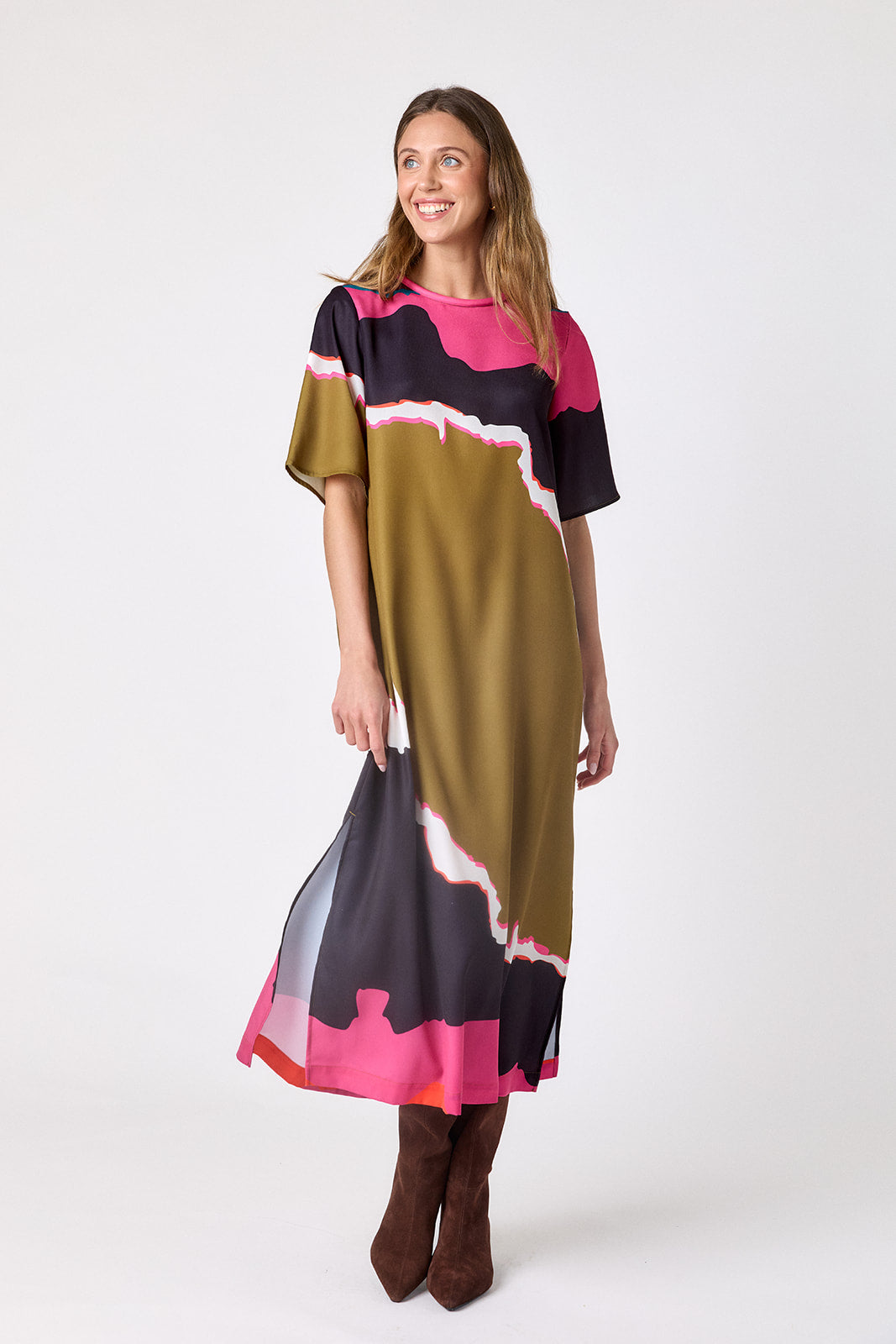 Portoro short sleeve ankle-length dress with a straight fit on model – CROSBY by Mollie Burch
