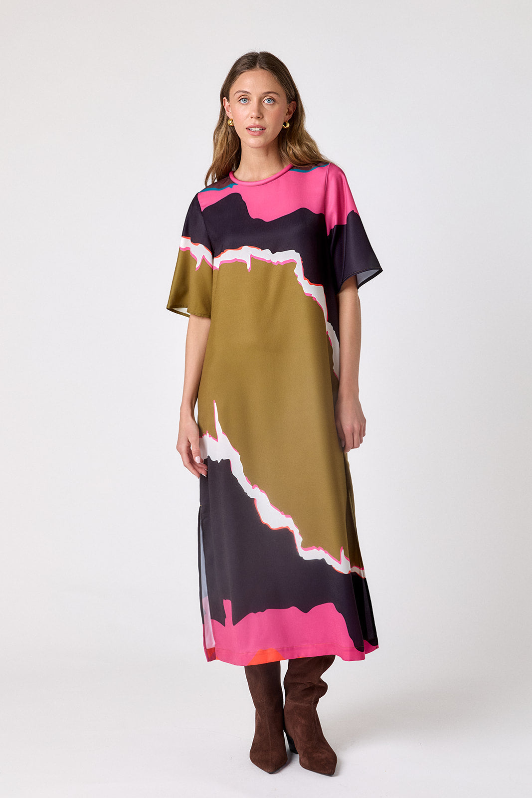 Portoro short sleeve ankle-length dress with a straight fit on model – CROSBY by Mollie Burch
