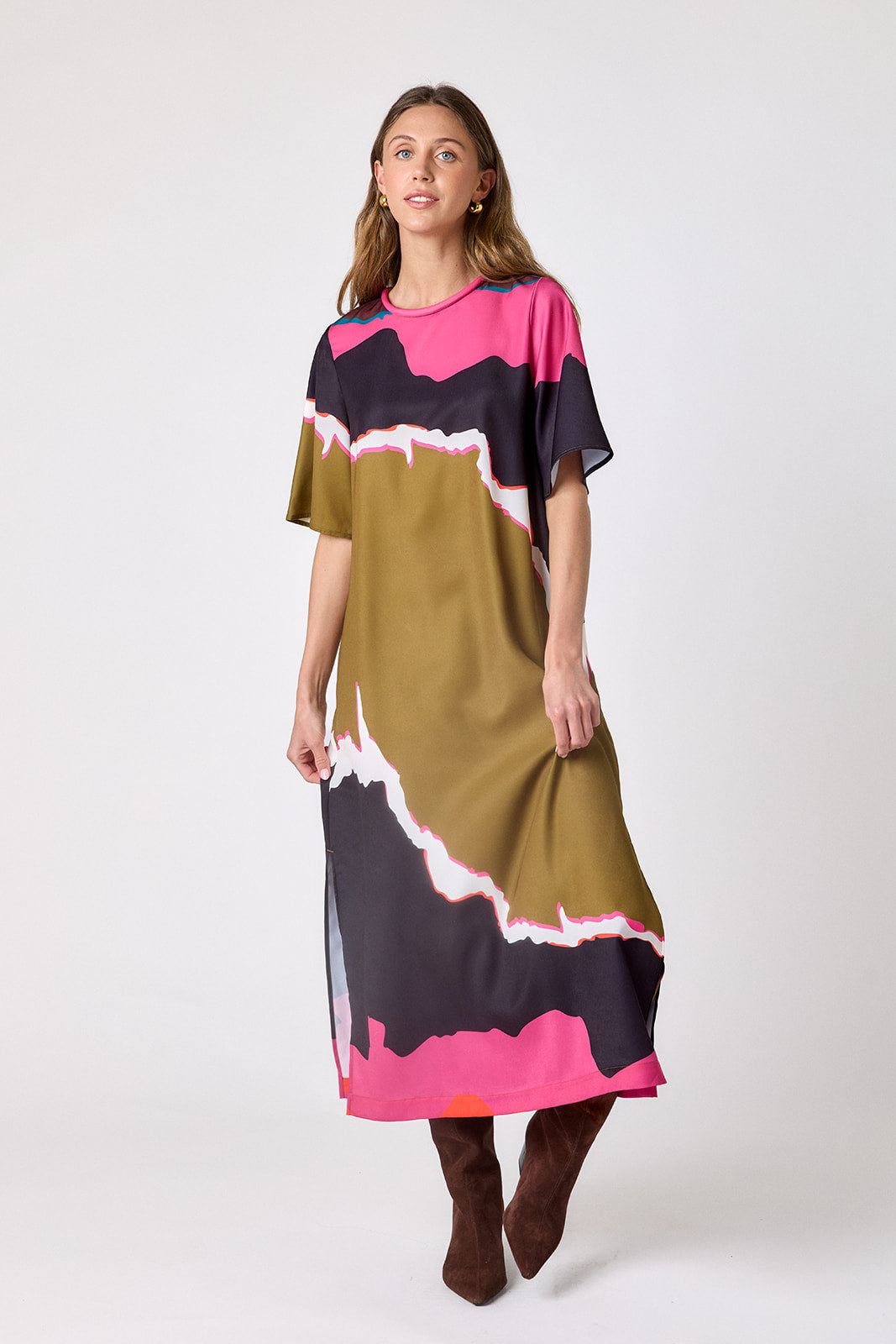 Portoro short sleeve ankle-length dress with a straight fit on model – CROSBY by Mollie Burch