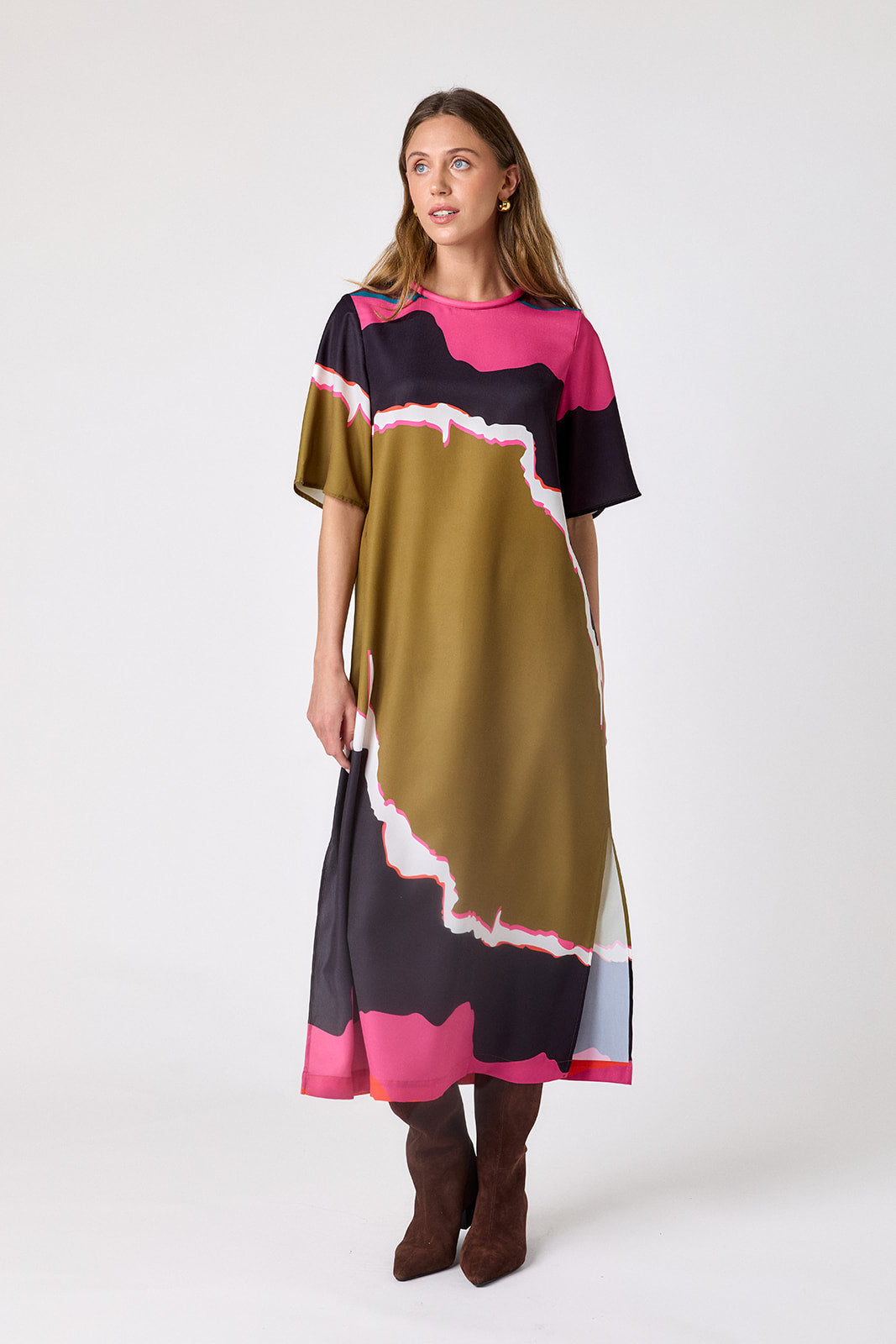 Portoro short sleeve ankle-length dress with a straight fit on model – CROSBY by Mollie Burch