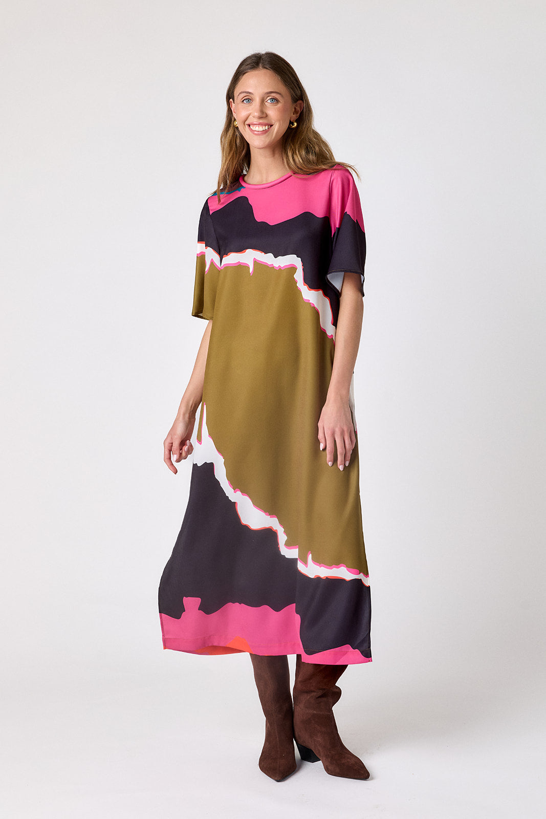 Portoro short sleeve ankle-length dress with a straight fit on model – CROSBY by Mollie Burch