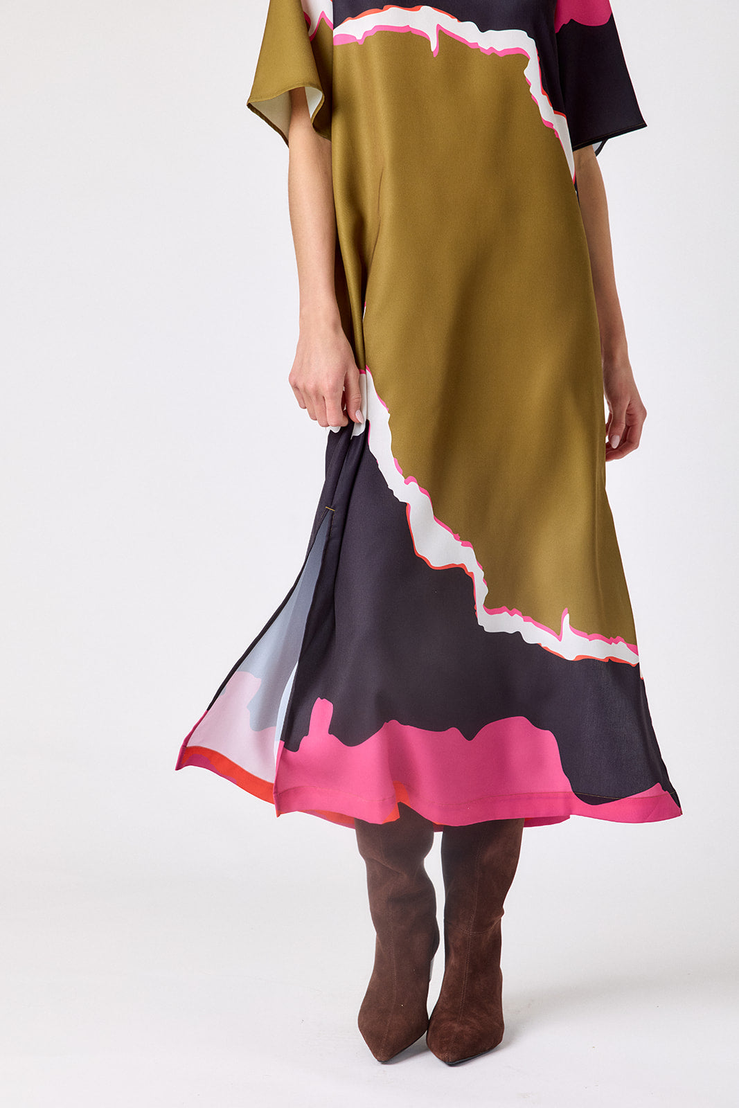 Portoro short sleeve ankle-length dress with a straight fit on model – CROSBY by Mollie Burch