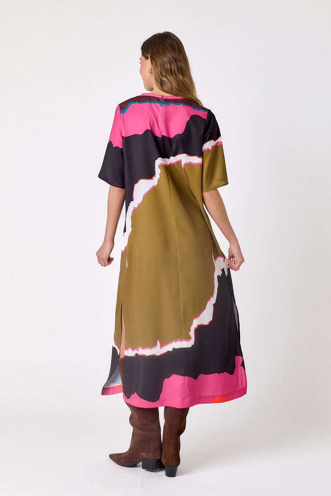 Portoro short sleeve ankle-length dress with a straight fit on model – CROSBY by Mollie Burch