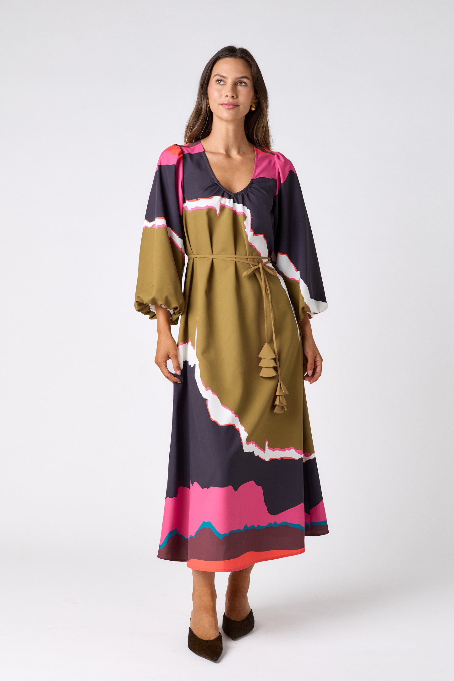 Portoro swingy maxi dress on model – CROSBY by Mollie Burch