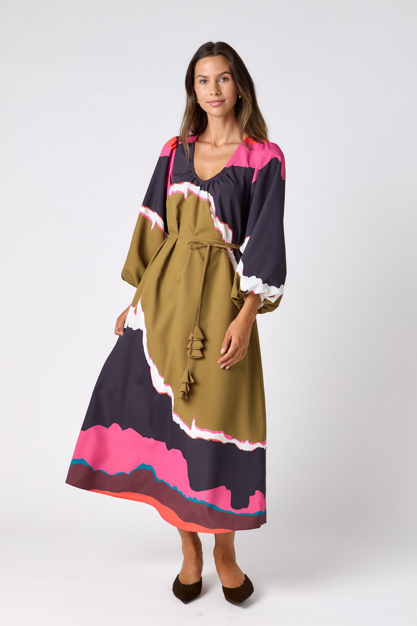 Portoro swingy maxi dress on model – CROSBY by Mollie Burch