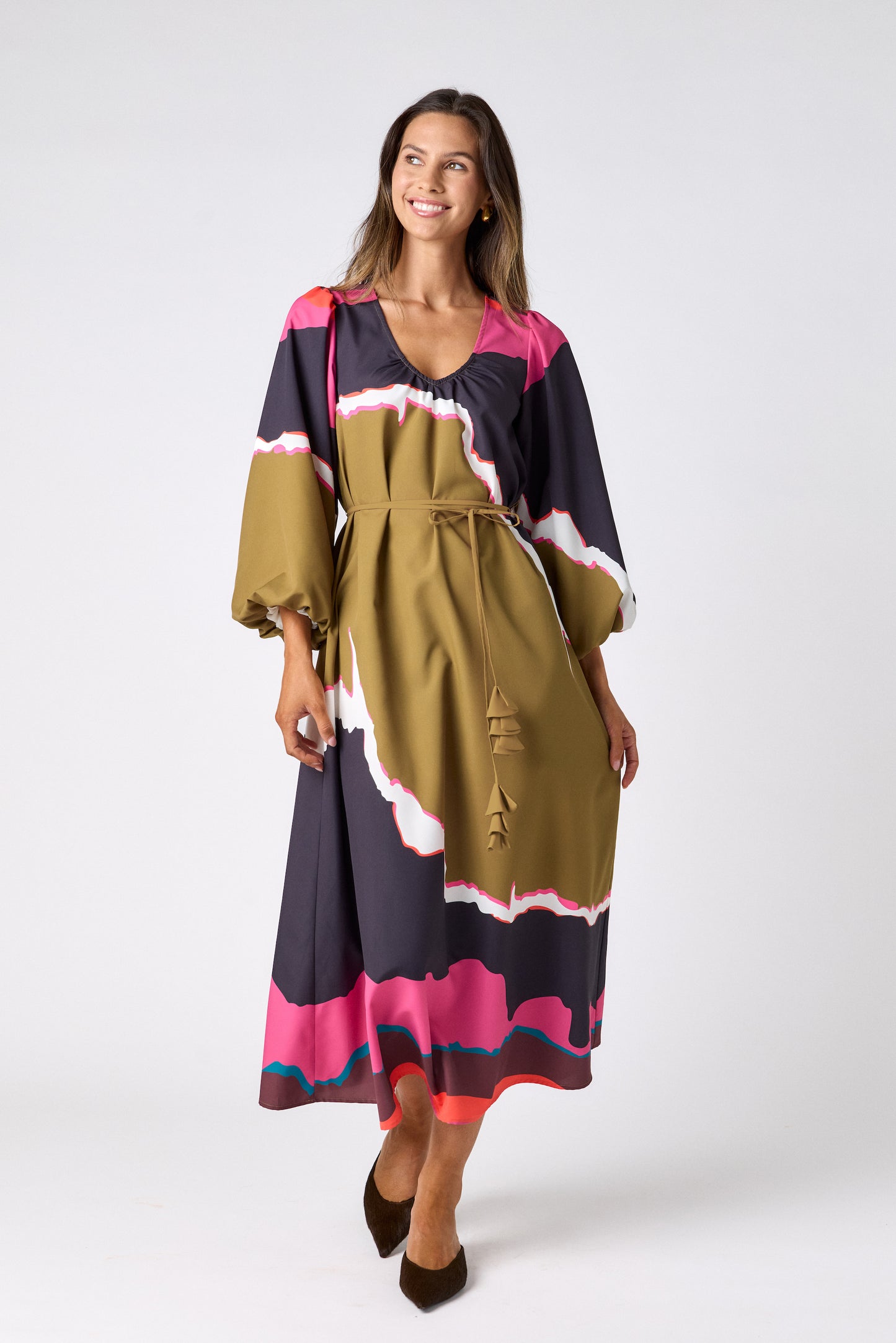 Portoro swingy maxi dress on model – CROSBY by Mollie Burch